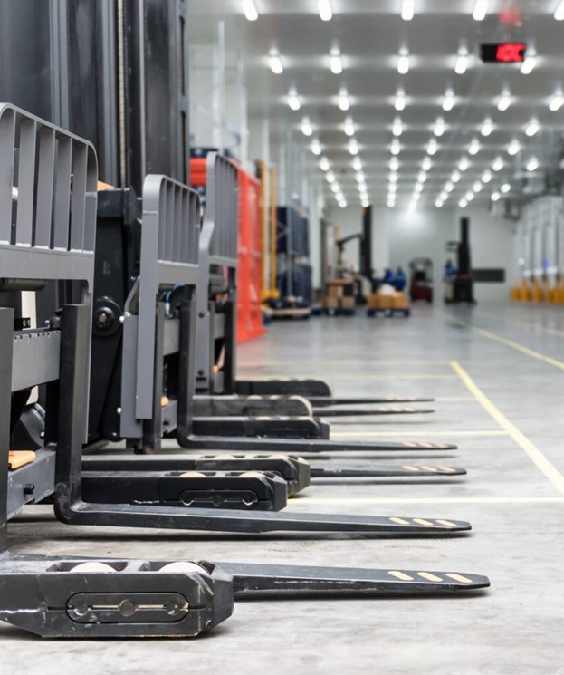 Row of electric pallet jacks or forklifts lined up inside a brightly lit warehouse with polished concrete floors. The equipment is positioned along a marked aisle, and the background shows storage areas and additional material handling equipment.